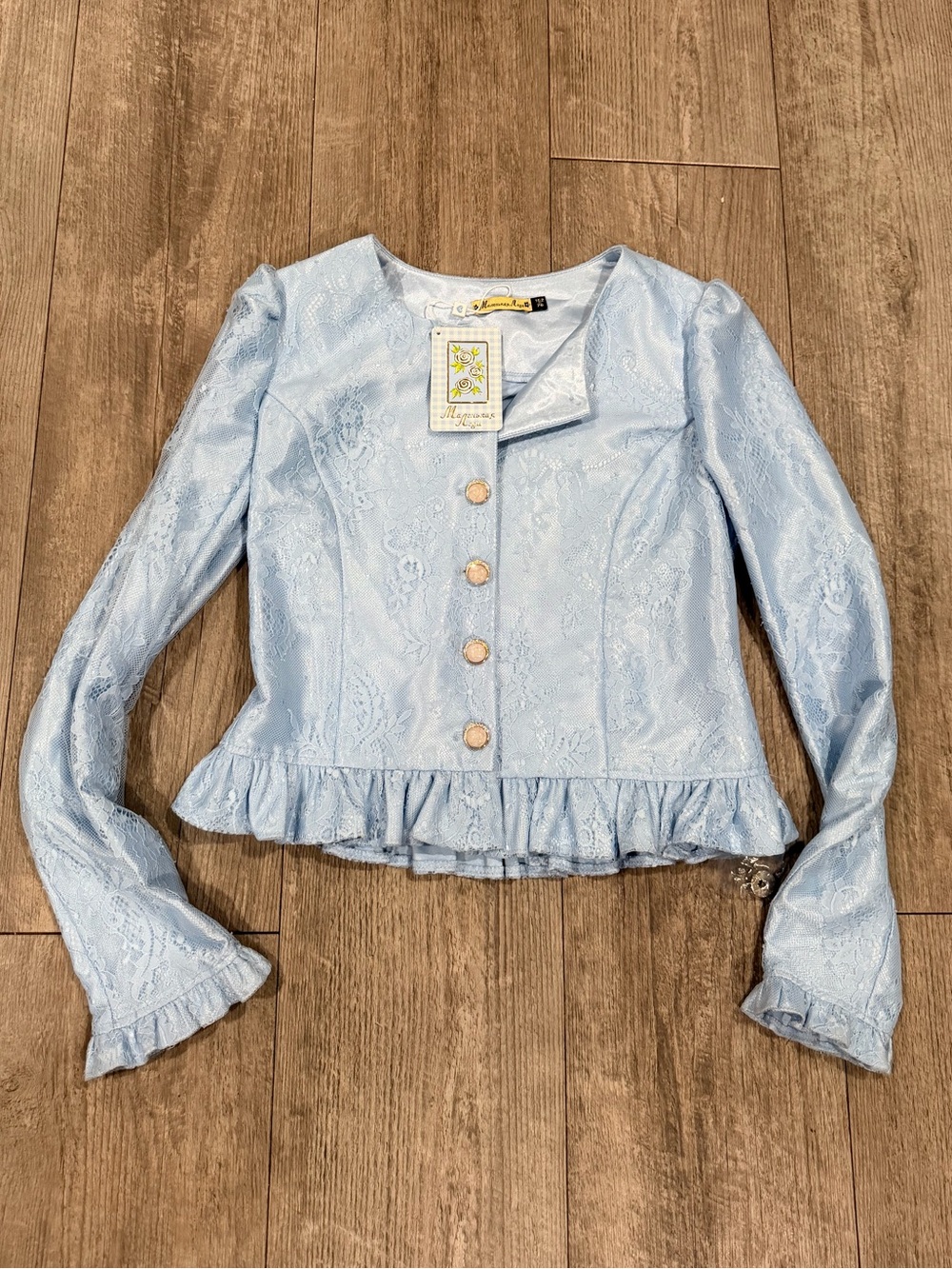 Light Blue Lace Ruffle Hem Button Jacket - Picture 1 of 12